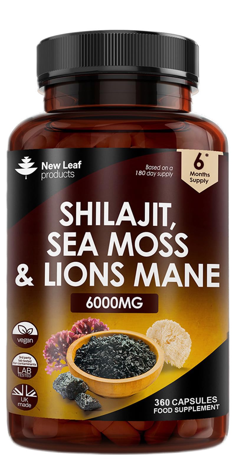 Shilajit Seamoss and Lions Mane Capsules 6000mg - High Strength Complex - 60% Fulvic Acid Shilajit, Irish Sea Moss, Lions Mane 100% Fruiting Body - Vegan, UK Made 120 Capsules