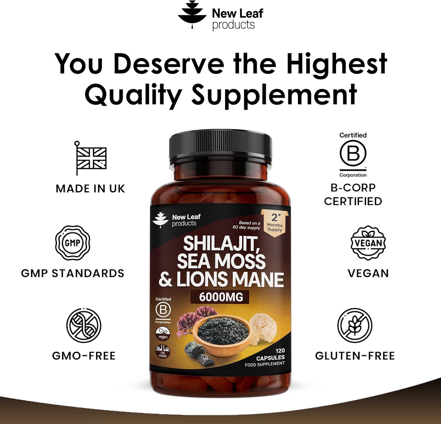 Shilajit Seamoss and Lions Mane Capsules 6000mg - High Strength Complex - 60% Fulvic Acid Shilajit, Irish Sea Moss, Lions Mane 100% Fruiting Body - Vegan, UK Made 120 Capsules