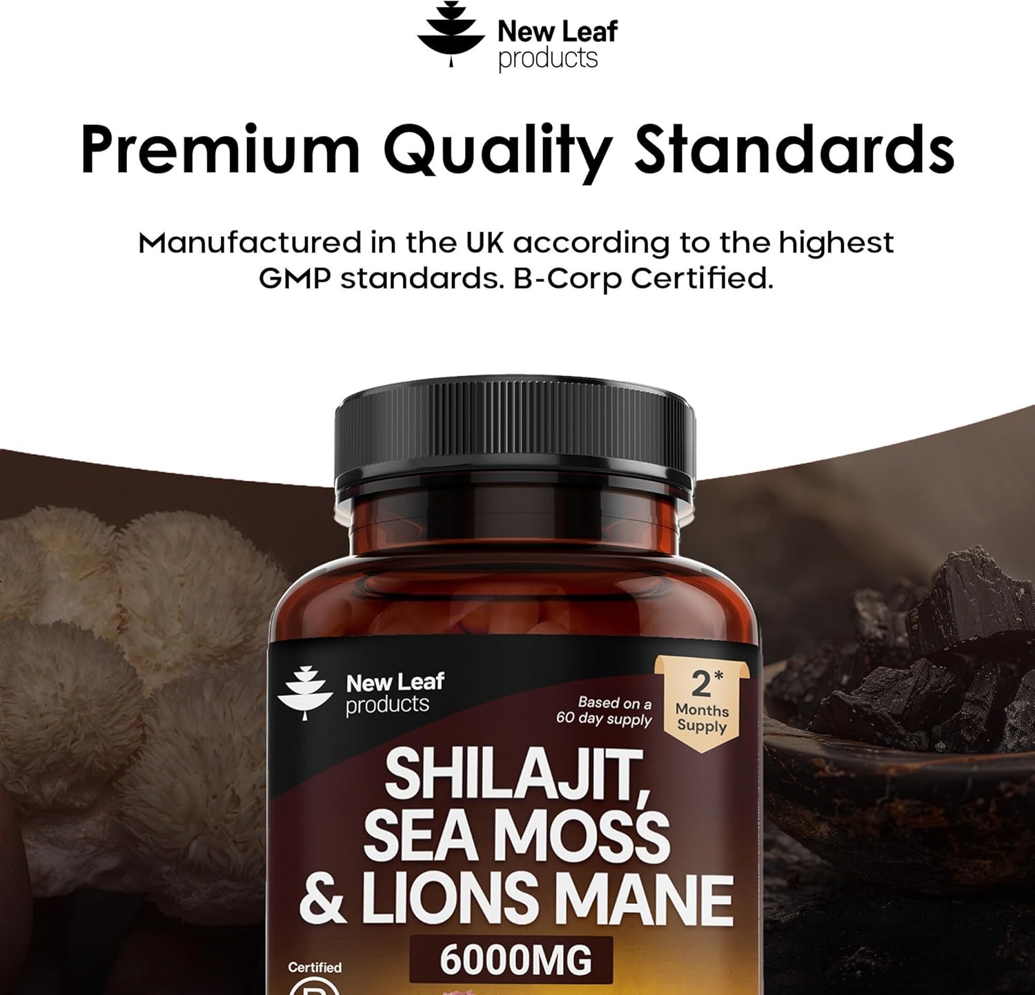 Shilajit Seamoss and Lions Mane Capsules 6000mg - High Strength Complex - 60% Fulvic Acid Shilajit, Irish Sea Moss, Lions Mane 100% Fruiting Body - Vegan, UK Made 120 Capsules