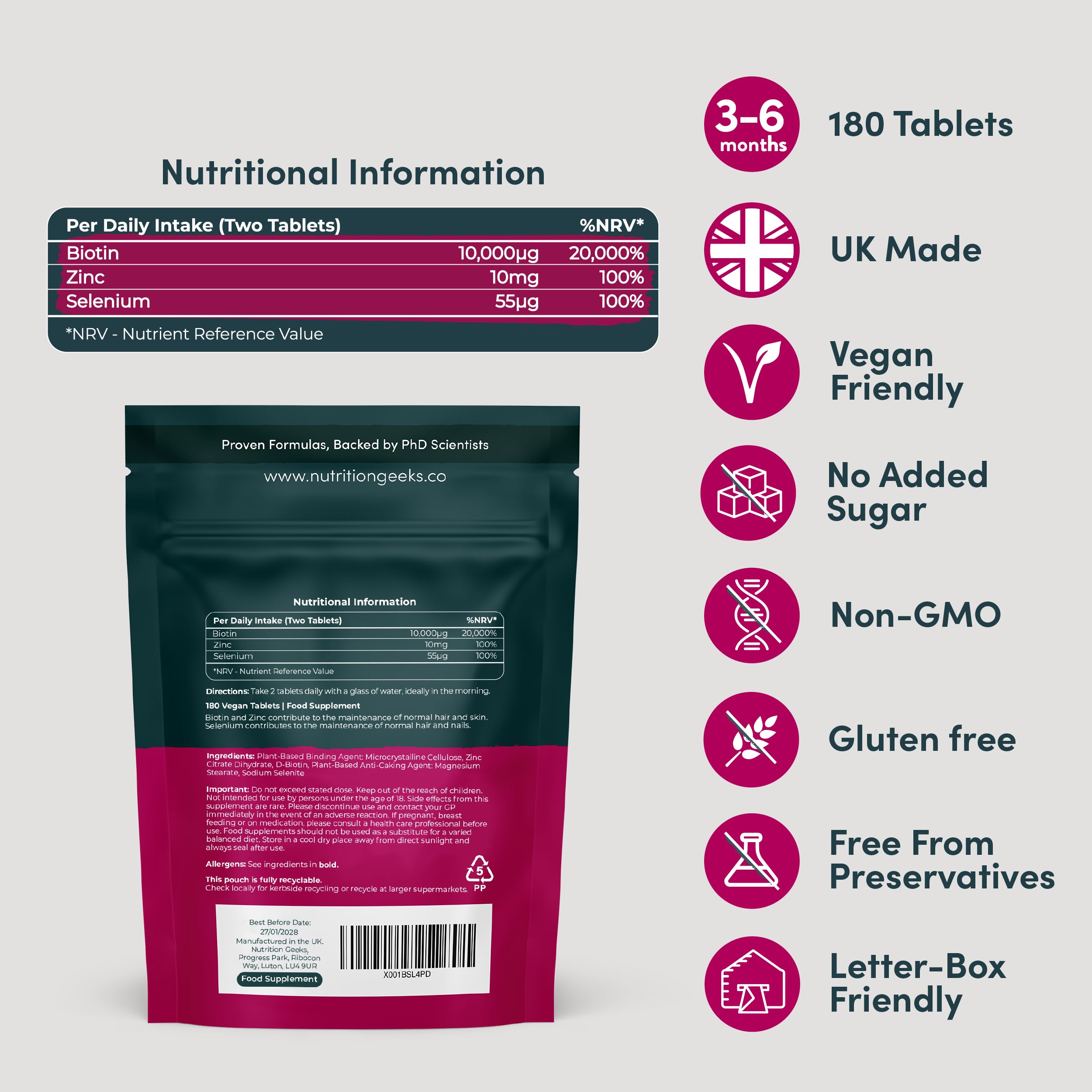 Biotin Hair Growth Supplement 10000mcg – 180 Vegan Tablets with Zinc & Selenium