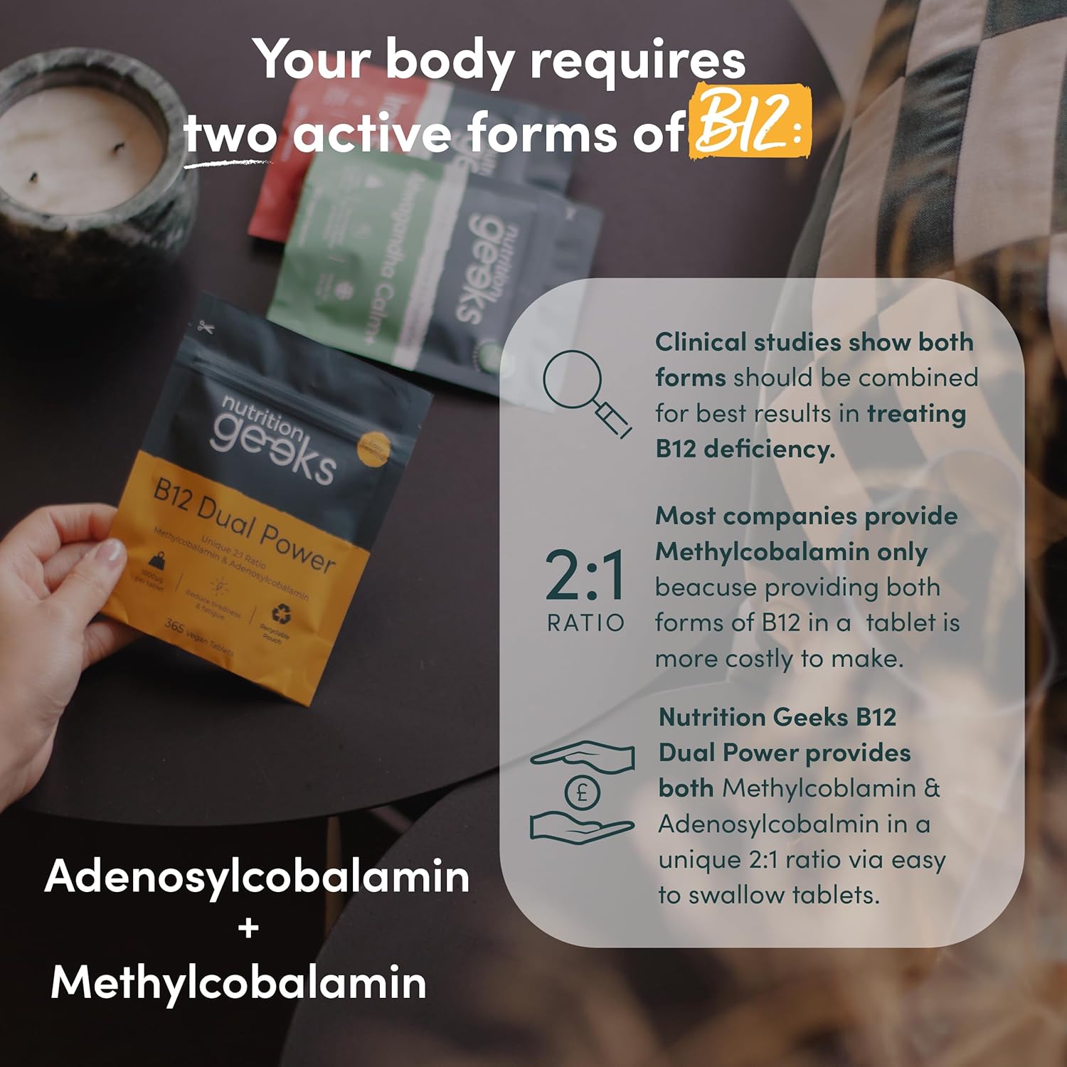 Vitamin B12 Tablets High Strength - 1 Year Supply (365 Tablets) - 1000mcg Dual Power B12 Vitamin Complex with Methylcobalamin & Adenosylcobalamin - Vegan Supplement - (Packaging Design May Vary)