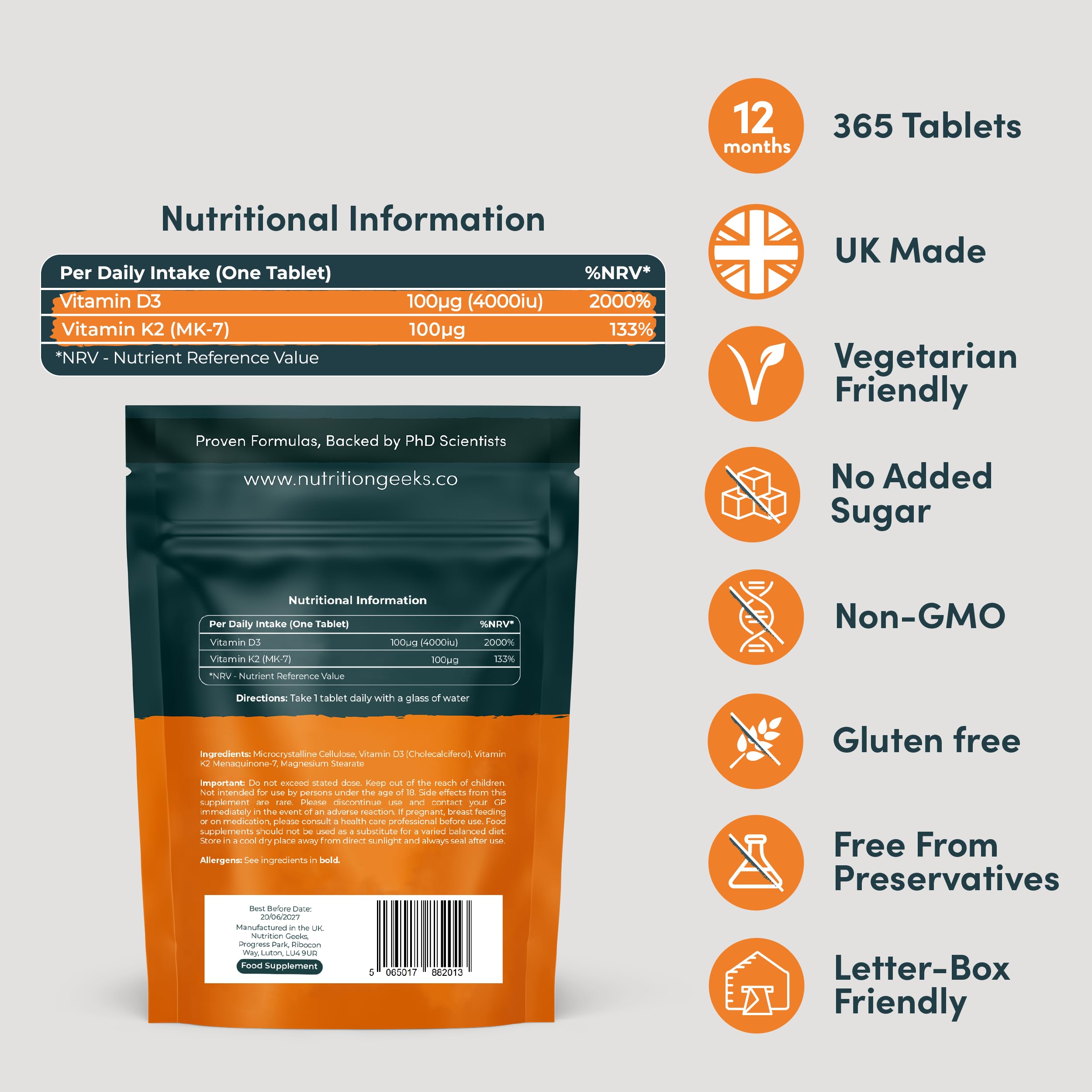 Vitamin D3 4000IU & K2 MK7 100µg – 365 High Strength Vegetarian Tablets (1 Year Supply)