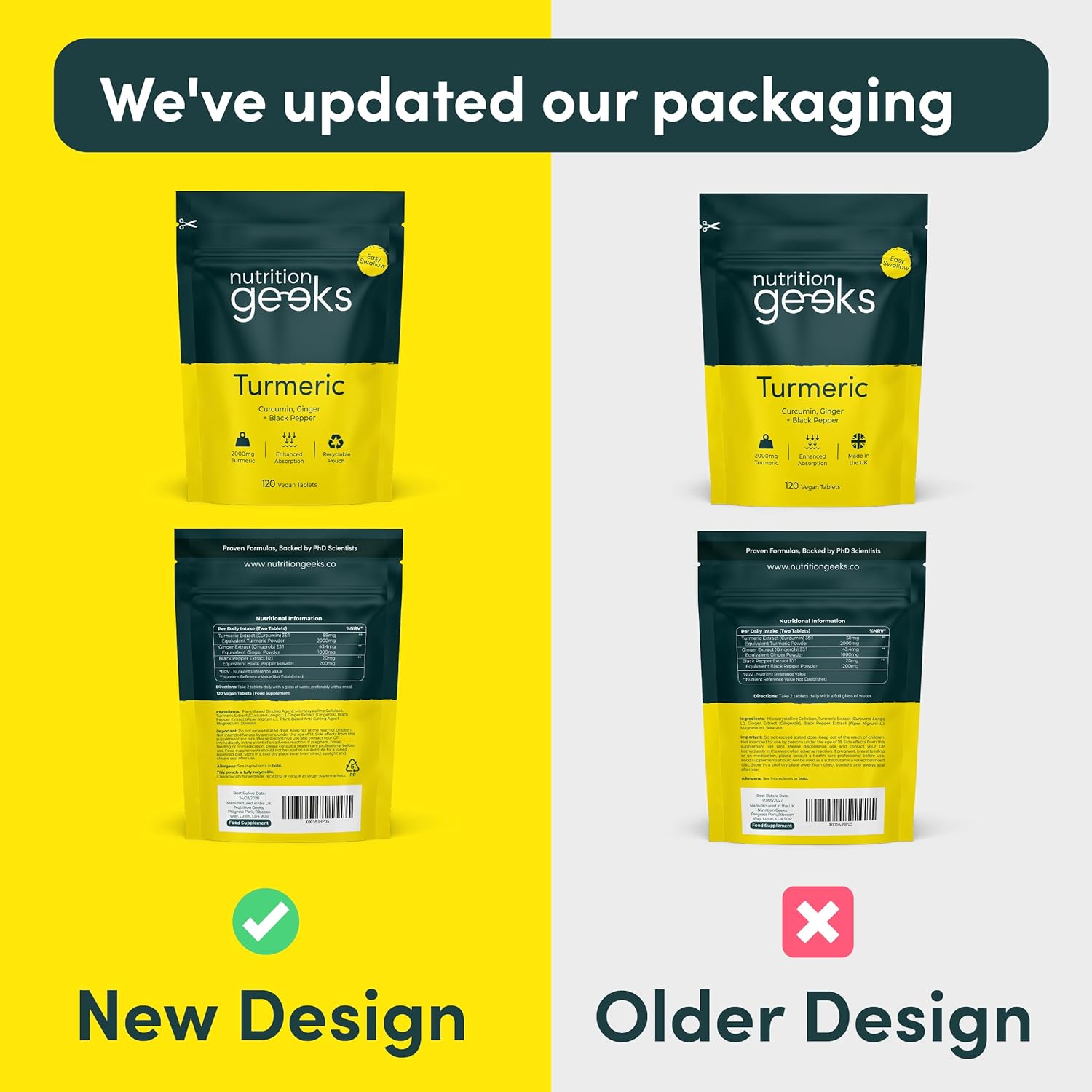 Turmeric Tablets 2000mg with Black Pepper & Ginger - 120 High Strength Curcumin Supplements - Easy Swallow Tablets (Not Turmeric Capsules or Powder) - Vegan - UK Made (Packaging Design May Vary)