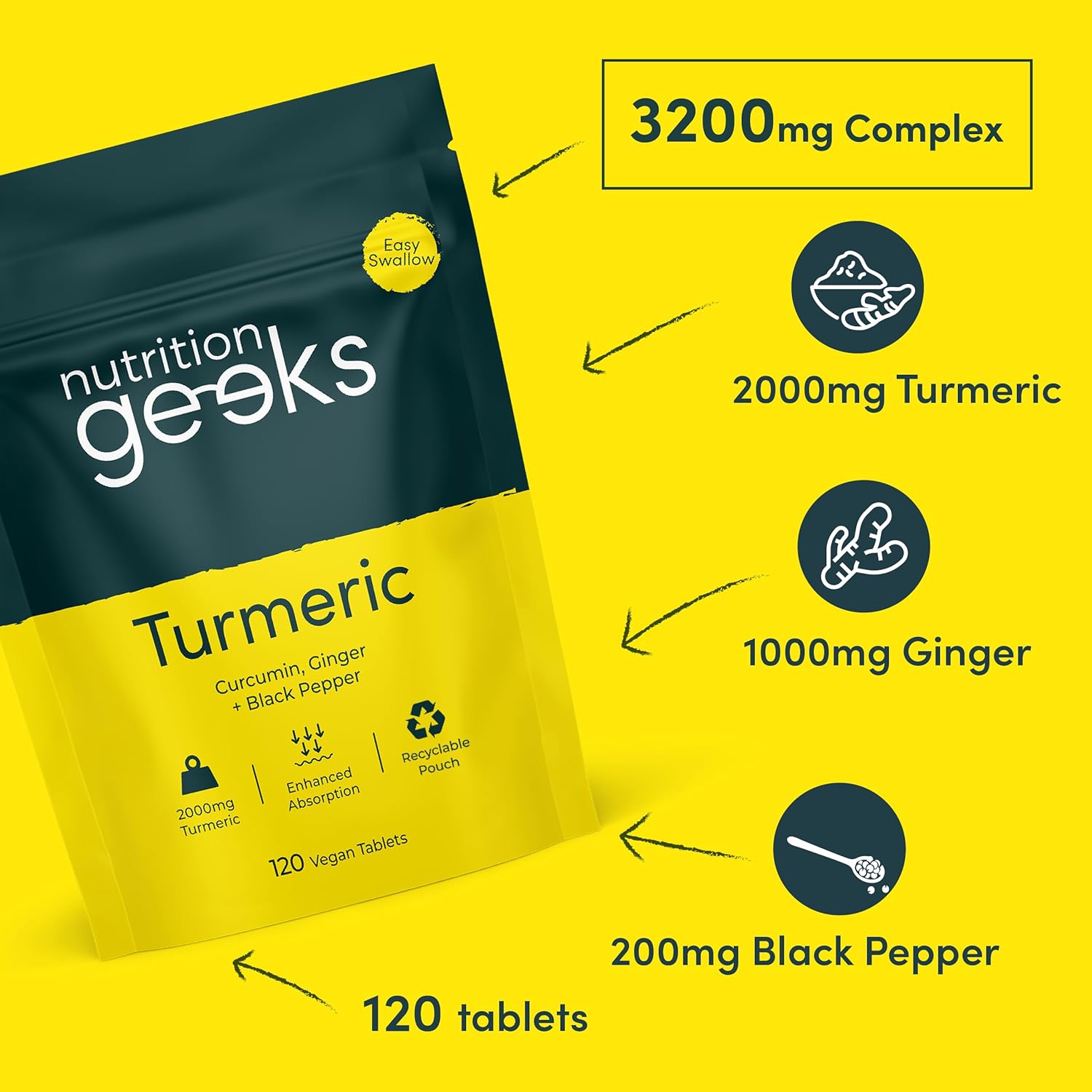 Turmeric Tablets 2000mg with Black Pepper & Ginger - 120 High Strength Curcumin Supplements - Easy Swallow Tablets (Not Turmeric Capsules or Powder) - Vegan - UK Made (Packaging Design May Vary)