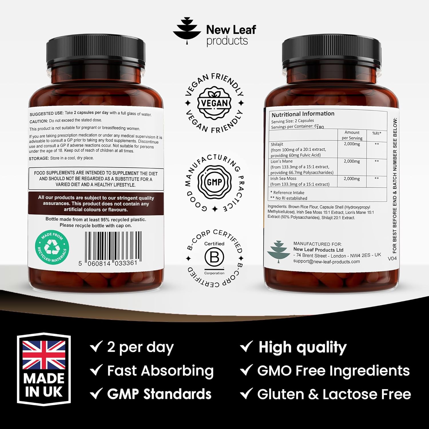 Shilajit Seamoss and Lions Mane Capsules 6000mg - High Strength Complex - 60% Fulvic Acid Shilajit, Irish Sea Moss, Lions Mane 100% Fruiting Body - Vegan, UK Made 120 Capsules